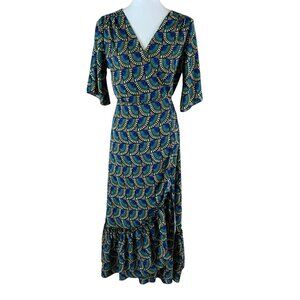 Silk And Salt Geo Print Maxi Dress L Boho Ruffle Hem V Neck Statement